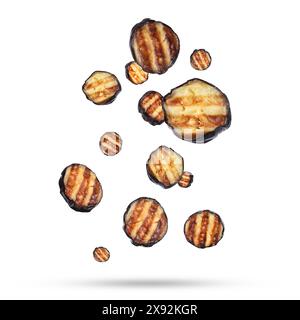 Slices of grilled eggplants in air on white background Stock Photo