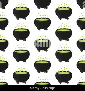 Witchs cauldron with boiling magic potion. Seamless pattern. Vector illustration. Stock Vector