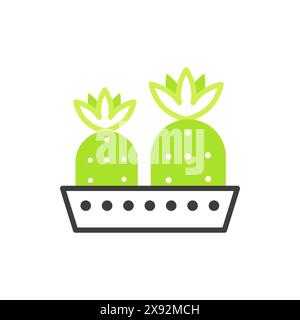 Pot of two cactuses with flowers, blooming cacti black and green line icon vector illustration Stock Vector