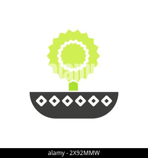 Round flower head growing in pot with diamond pattern, black and green line icon vector illustration Stock Vector