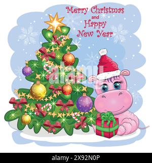 Cute cartoon hippo in Santa hat with gift, Christmas ball and candy cane. New Year and Christmas holiday Stock Vector