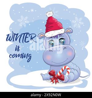 Cute cartoon hippo in Santa hat with gift, Christmas ball and candy cane. New Year and Christmas holiday Stock Vector