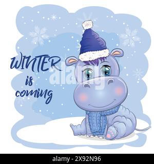 Cute cartoon hippo in Santa hat with gift, Christmas ball and candy cane. New Year and Christmas holiday Stock Vector