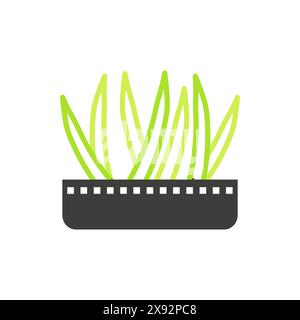 Pot with long leaves of tropical plant, black and green line icon vector illustration Stock Vector