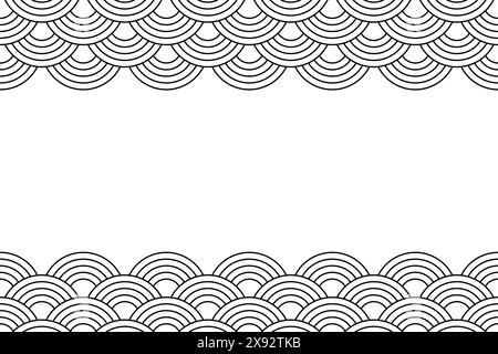 Banner template with oriental ornament with circle shapes and blank space. Waves background. Black and white seigaiha pattern. Scallops print. Fish squama or dragon scale. Vector outline illustration. Stock Vector