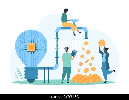 Business ideas to make money, monetization. Tiny people pouring money from light bulb with circuit board inside and pipeline, monetize creative digital project and venture cartoon vector illustration Stock Vector