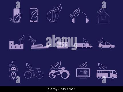 Green Tech Vector Icon Set – Perfect for Eco-Conscious Designs, Renewable Energy Illustrations, and Environmental Education Stock Vector