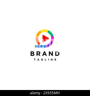 Play Button Icon Inside Colorful Lines Moving Circular Around It. Colored Lines With Play Button Icon Inside. Stock Vector