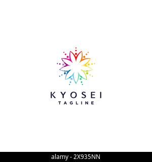 Symbol Nine People Raising Hands Together Logo Design. Kyosei is a Japanese word that means living and working together for the common good. Stock Vector