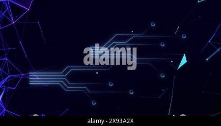 Abstract digital lines and nodes forming futuristic design on a dark background Stock Photo