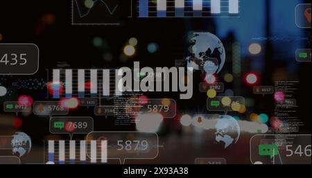 Image of social media icons and data processing against night city traffic Stock Photo