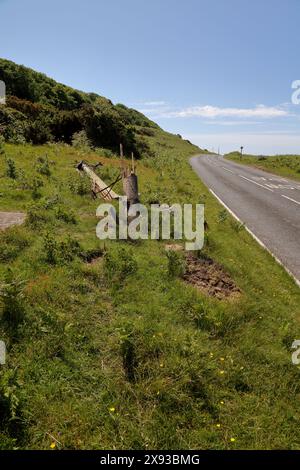 A roadside casualty of a driving accident with a heavy vehicle having hit a telegraph pole and snapped it knocking the top part over. Stock Photo