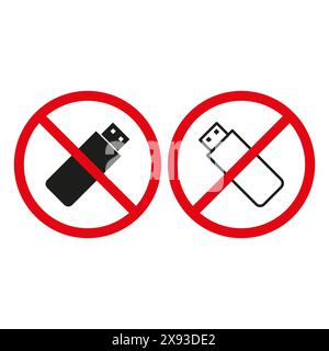 No USB drive icons. Red prohibition signs. Data storage banned. Stock Vector