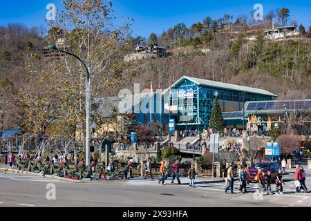 Tourists walking past Ripley's Aquarium of the Smokies on street decorated for the Christmas holiday in Gatlinburg, Tennessee Stock Photo