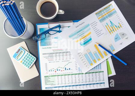 Excel stat spreadsheet business analytics graph statistic with graph and table data number in charts database. Accountant hands pointing excel stat fi Stock Photo
