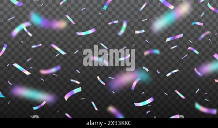 Holographic falling confetti glitters. Vector dynamic, shiny, colorful foil pieces fall down. Vivid colorful and iridescent cascading effect for celebration parties, events, and festive occasions Stock Vector