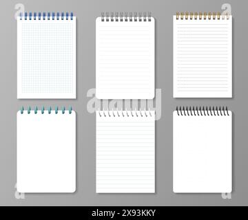 Realistic diary notebooks. Vector set of blank 3d paper notepads with varying page layouts, including grid, lined, and blank pages with wire binding, Office writing stationery templates for notetaking Stock Vector