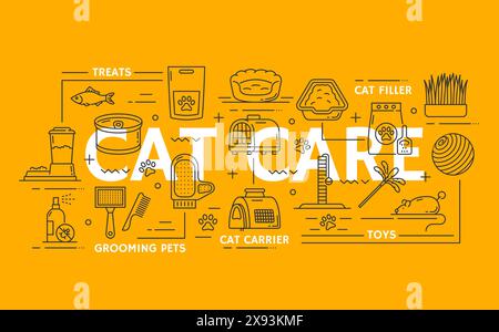 Cat pet care icons. Linear vector signs set depicts treats, toilet fillers, grooming items, carriers and toys for kittens. Outline feline care, food, bed, veterinarian or zoo objects, combs and grass Stock Vector