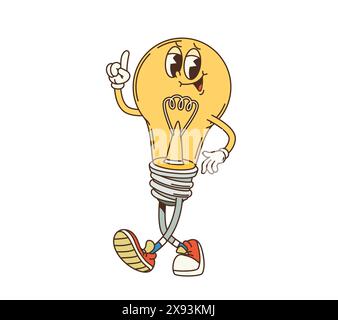 Retro groovy light bulb character. Isolated cartoon vector playful yellow lamp personage with sneakers and a raised hand, embodying a bright idea, creativity and cheerful energy in a vintage style Stock Vector