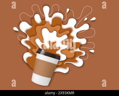 Paper cut coffee with milk cream and drink splash. Realistic 3d vector disposable papercut mug with a dynamic liquid white and brown splatters, expressing energetic beginning of day or love for coffee Stock Vector