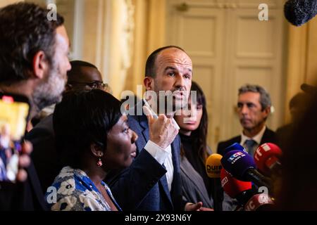 Paris, France. 28th May, 2024. Manuel Bompard, deputy of La France Insoumise group, speaks to the press at the National Assembly. A weekly session of questioning the French government takes place in the National Assembly at Palais Bourbon in Paris. (Photo by Telmo Pinto/SOPA Images/Sipa USA) Credit: Sipa USA/Alamy Live News Stock Photo