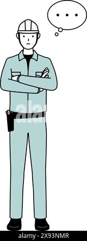 Man in helmet and workwear with crossed arms, deep in thought, Vector Illustration Stock Vector