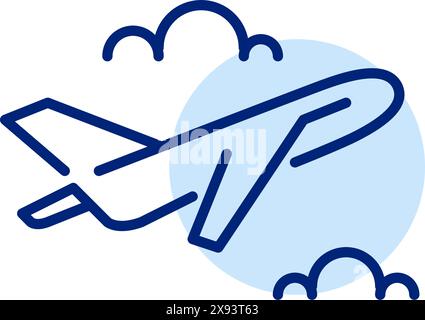 Commercial airplane climbing between clouds. Joy of flying and traveling. Pixel perfect vector icon Stock Vector