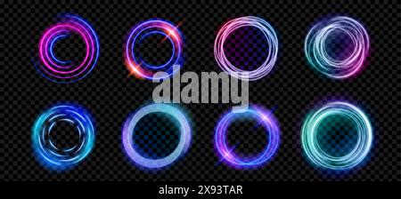 Neon light glow effect on abstract magic halo ring. 3d futuristic circular frame in blue, pink, green and purple. Electric beam and circle aura isolated on transparent background. Fantasy orb hole Stock Vector