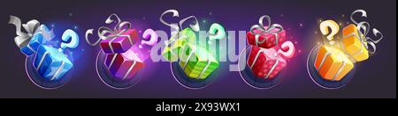 Set of gift boxes with question marks isolated on black background. Vector cartoon illustration of surprise present packages wrapped in color paper, decorated with ribbon bows, discount or sale icon Stock Vector
