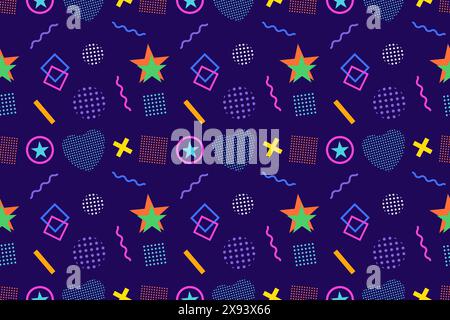 Vibrant Memphis-style seamless pattern with geometric shapes, stars, hearts, and squiggly lines. Perfect for textiles, wallpapers, and digital designs Stock Vector