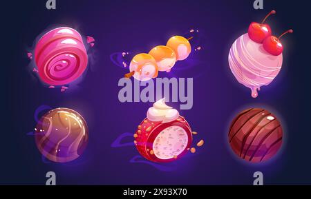 Fantasy game and fairy tale alien planets made from candy and sweet desserts. Cartoon vector set of fiction confectionery ball for wonder world galaxy creation. Chocolate, caramel and ice cream sphere Stock Vector