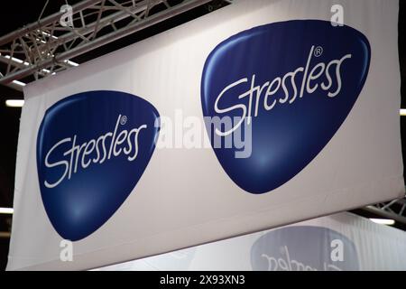 Bordeaux , France -  05 27 2024 : stressless logo brand and text sign wall entrance facade adverising pillows and comfort armchair Stock Photo