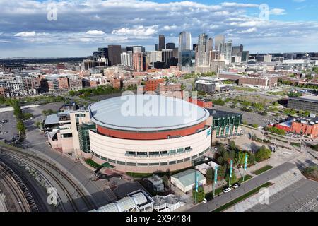 A general overall aerial view of the Ball Arena, Sunday, May 12, 2024, in Denver. Stock Photo