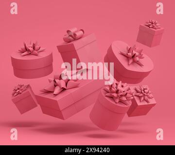 Gift boxes with ribbon and bow flying and falling on monochrome background. 3d render concept of greeting design Birthday, Merry Christmas, Black frid Stock Photo