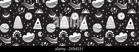 Seamless neo folk art vector pattern with mountains, moon and flowers, black and white floral design. Neo folk style endless background perfect for Stock Vector