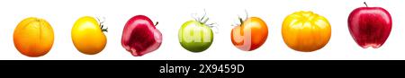 Set of tomatoes. oranges and apples isolated on white background with clipping path Stock Photo