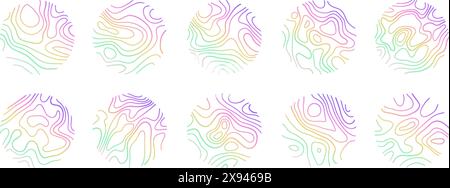 Circular wood rings or topographic map lines texture set. Wood tree topographic abstract lines collection Stock Vector