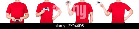 Man in red t-shirt holding video game joysticks gamepad on his palm isolated white background with clipping path. Concept of t shirt template or deliv Stock Photo