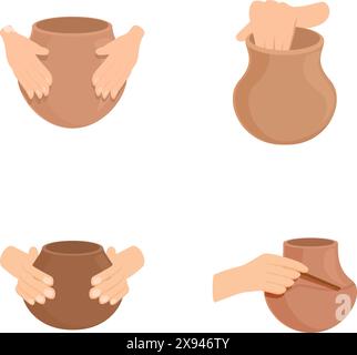 Pottery craft icons set cartoon vector. Creating clay vase on wheel. Pottery master class Stock Vector