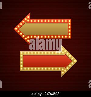 Retro Showtime Sign Design. Arrows Cinema Signage Light Bulbs and Neon Lamps on brick wall background. American advertisement style vector illustratio Stock Vector