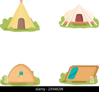 Glamping tent icons set cartoon vector. Various comfortable glamping tent. Travel, rest and adventure Stock Vector