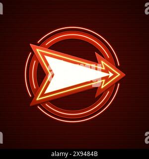 Retro Showtime Sign Design. Arrow Cinema Signage Light Bulbs and Neon Lamps on brick wall background. American advertisement style vector illustration Stock Vector