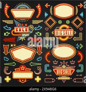 Retro Showtime Signs Design Elements Set. Bright Billboard Signage Light Bulbs, Frames, Arrows, Icons, Neon Lamps. American advertisement style vector Stock Vector