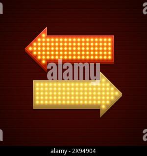 Retro Showtime Sign Design. Arrows Cinema Signage Light Bulbs and Neon Lamps on brick wall background. American advertisement style vector illustratio Stock Vector
