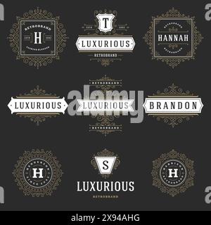 Vintage logos templates set, vector flourishes calligraphic elegant ornaments frames and borders. Badges and monograms for luxury crest, boutique bran Stock Vector