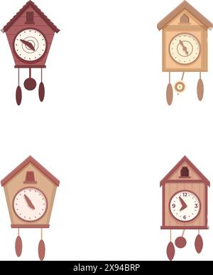 Collection of traditional wooden cuckoo clocks in various designs, isolated on a white background Stock Vector