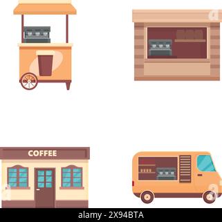 Collection of coffee shop illustrations featuring a variety of mobile trucks. Kiosks. And carts. Perfect for showcasing the modern concept of urban coffee culture and entrepreneurial small businesses Stock Vector