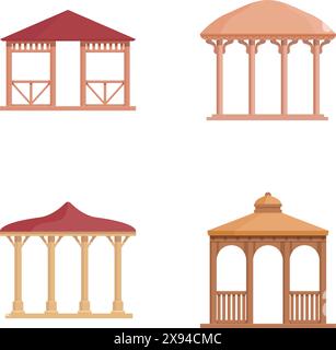 Collection of four flat design gazebos, perfect for landscape architecture concepts Stock Vector