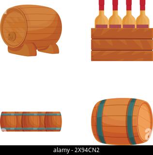 Collection of vector illustrations featuring wooden barrels and a crate with bottles, isolated on white Stock Vector