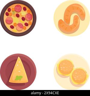 Vibrant flat icons of pizza, sausage, nachos, and burgers, ideal for menu designs Stock Vector